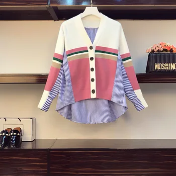 2022, Фальшивая рубашка в полоску из двух частей, топ в стиле пэчворк, ранняя осень, новые свободные свитера в западном стиле, пальто-кардиган для женщин