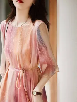 2023 Весенне-летнее Дышащее Удобное платье Миди из нерегулярной сетки, женские модные цветущие платья, Женское офисное платье с длинным рукавом