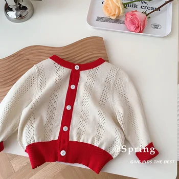 2023 Весенне-осенний кардиган для маленьких девочек, Хлопчатобумажное вязаное пальто с открытой строчкой, детская одежда для девочек в стиле пэчворк с длинным рукавом