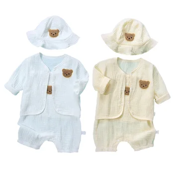 2023 Детский комбинезон, шапка, пальто, муслиновый комплект одежды для мальчиков и девочек, корейский комбинезон с медведем, кардиган для новорожденных, мягкая дышащая детская одежда