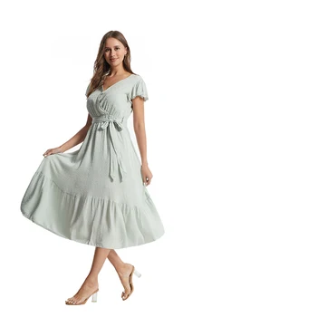 2023 Женское летнее элегантное шифоновое тонкое длинное платье с V-образным вырезом, повседневная уличная одежда