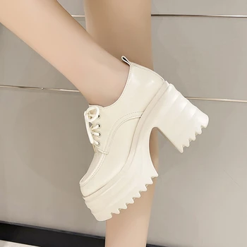 2023 Модные женские туфли на высоком каблуке Кожаные Женские туфли на платформе с квадратным каблуком на шнуровке Оксфордские женские вечерние туфли для ролевых игр