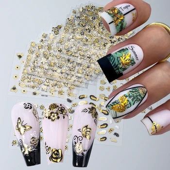 30 шт./компл. Красочные 3D наклейки для ногтей серии Flower Butterfly, бронзирующие самоклеящиеся слайдеры из черного золота, осеннее украшение для ногтей