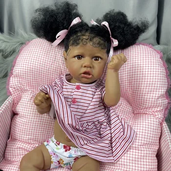 55-сантиметровая возрожденная афроамериканская кукла Саския, полностью виниловое тело девушки, моющиеся волосы с корнями вручную, темная кожа, куколка для детей в подарок