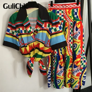 9.5 GuliChic Женская винтажная модная короткая рубашка с многоцветным принтом на шнуровке и высокой талией + комплект из длинной юбки в стиле пэчворк с высокой талией