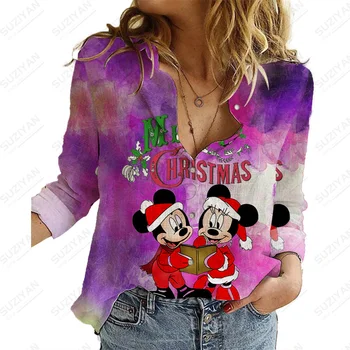 Disney Christmas2022 Новый дизайн Женской рубашки с принтом на пуговицах, повседневная уличная одежда, рубашки, топы, свободные повседневные рубашки с длинным рукавом