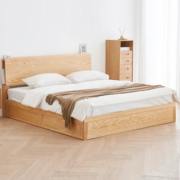 F8013 Простая современная двуспальная кровать из массива дуба, дизайнерская мебель с ящиком для хранения вещей размера 