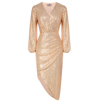 GK Женское вечернее платье с блестками, с длинным рукавом и V-образным вырезом, платье с нерегулярным запахом, с блестящим подолом, облегающие коктейльные платья с блестками