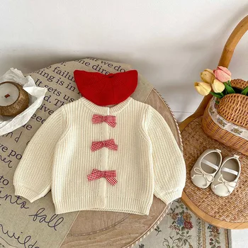 MILANCEL/ Осенние милые свитера для маленьких девочек, вязаное пальто в клетку с бантом для малышей