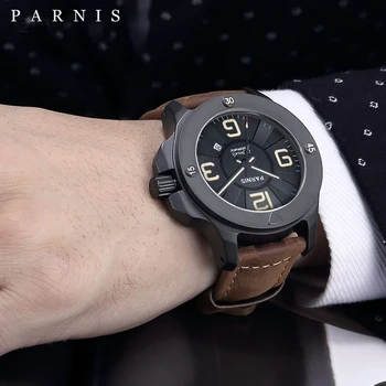 Parnis 47 мм Черные механические автоматические мужские часы с сапфировым стеклом, кожаный ремешок, водонепроницаемые мужские часы reloj hombre 2023 Подарок