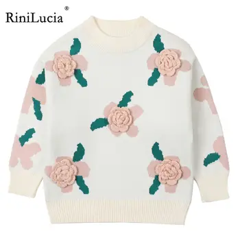 RiniLucia / Осенне-зимние детские свитшоты для маленьких девочек, сладкий свитер с цветочным рисунком для маленьких девочек, милые пуловеры для малышей