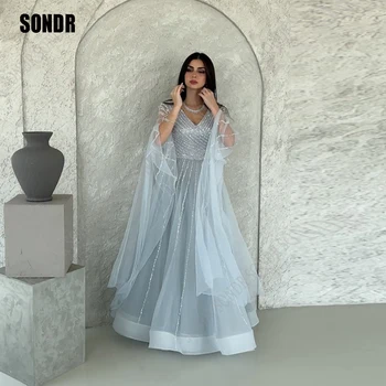 SONDR Glitter Дубай Арабские Женские вечерние платья С длинными рукавами-накидками, V-образным вырезом, длиной до пола, платья для выпускного вечера, вечернее платье для вечеринки Плюс Размер