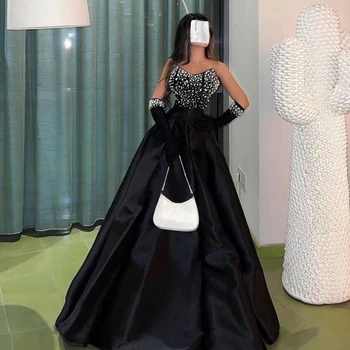 VD Черные атласные платья трапециевидной формы с длинным рукавом, жемчуг ручной работы, Милая вечеринка, Саудовская Аравия, Женская одежда, перчатки, Свадьбы