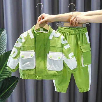 Весенне-осенний комплект одежды для мальчиков 2023 года, новое детское модное пальто, брюки, комплект из 2 предметов для мальчиков и повседневный комплект для малышей