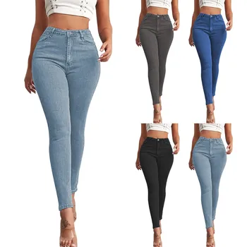 Винтажные джинсы для девочек-подростков, женские джинсы с высокой талией, стрейчевые Брюки-карандаш с высокой талией на пуговицах, стрейчевые джинсы большого размера