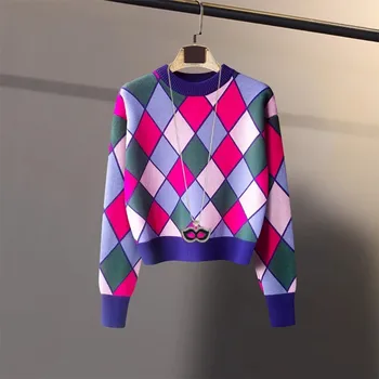 Винтажный свитер в клетку из Аргайла, женский вязаный пуловер с круглым вырезом, модные топы с длинными рукавами, осень 2023 г.