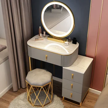 Выдвижной ящик туалетного столика для спальни Контейнер Nordic LED Европейский Роскошный туалетный столик с зеркалом, стул для прически, Мебель для макияжа