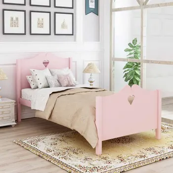 Двухразмерная деревянная кровать-платформа с изголовьем, изножьем и деревянной планкой (розовая)