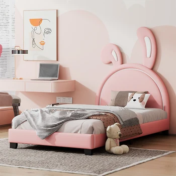 Двухразмерная кожаная кровать-платформа с орнаментом в виде кролика для внутренней мебели спальни, розовый