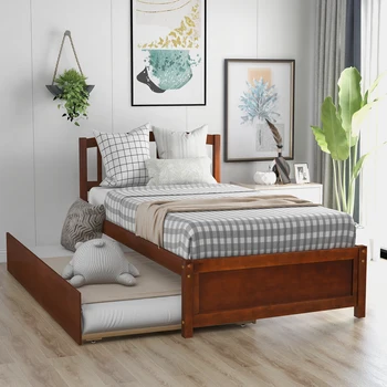 Двухразмерная кровать-платформа Деревянный каркас кровати с выдвижным ящиком, орех Легко монтируется для внутренней мебели для спальни