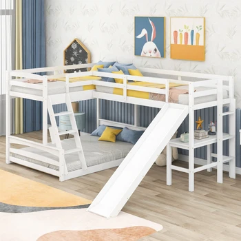 Двухъярусная кровать Twin over Full с кроватью-чердаком Twin Size со встроенным письменным столом и горкой, ограждением во всю длину, подходит для детской спальни, Белый