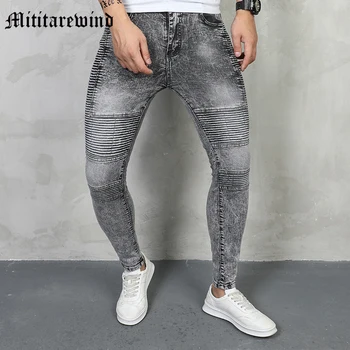 Джинсы-стрейч в мото- и байкерском стиле, плиссированные мужские винтажные обтягивающие уличные джинсовые брюки, уличная одежда в стиле ретро хип-хоп Y2k