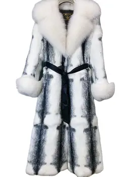 Женская зимняя модная шуба из натурального меха X-long, куртка из натурального кроличьего меха С воротником-манжетами из натурального лисьего меха, Зимняя куртка, женская шуба
