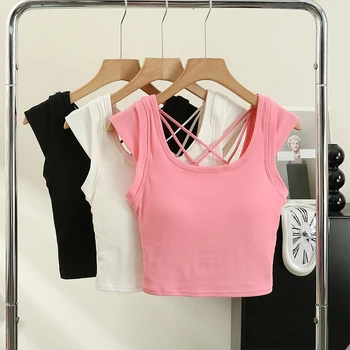 Женская футболка со встроенным бюстгальтером, Однотонные футболки для женщин, хлопковые повседневные футболки без рукавов, женские футболки с открытой спиной, Всемогущий челночный