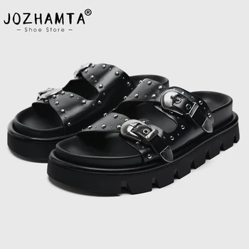 Женские босоножки JOZHAMTA, размер 34-40, 2023, Летняя женская обувь из натуральной кожи, Туфли на низком каблуке, повседневные тапочки с круглым носком и заклепками, Обувь