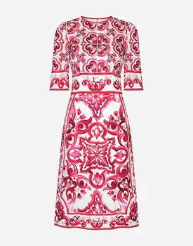 Женское облегающее платье с коротким рукавом из красного фарфора с цветочным принтом JAMERARY 2023, летнее Праздничное платье для подиума длиной до колен, Праздничное платье для отдыха
