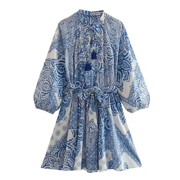 Женское повседневное синее Свободное мини-платье с принтом 2023 Летняя Женская винтажная рубашка с высокой талией, Короткие платья, Шикарное платье трапециевидной формы с поясом