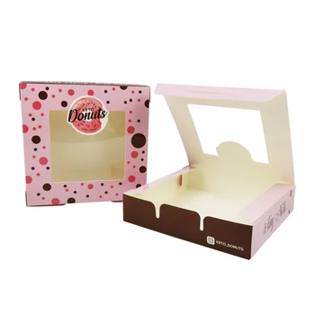 индивидуальный дизайн SENCAI Изготовленная на Заказ Коробка для упаковки пончиков из пищевой бумаги с глянцевым розовым покрытием с окошком из ПВХ