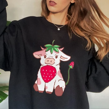 Кавайная толстовка с клубничной коровой в стиле Харадзюку, эстетичный пуловер с милым аниме-принтом, топ, подарок для любителей аниме, милая одежда с коровами