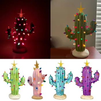 Кактус, рождественская елка, огни, смола-керамическая рождественская елка, ретро рождественское украшение из кактуса, освещает рождественскую елку.