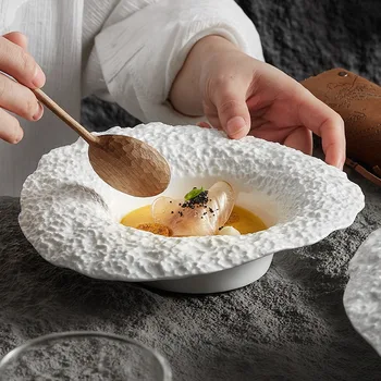 Керамическая тарелка для основного блюда с текстурой камня, домашняя тарелка для ужина в ресторане отеля, тарелки для макаронного салата, тарелки для грибного супа, чаша в форме шляпы