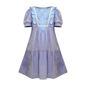 Летнее Новое кружевное школьное платье для домашней вечеринки с пышными рукавами, синее модное повседневное платье для девочек, наряд на День Благодарения для девочек от 2 лет, детские платья для девочек