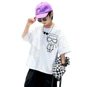 Летние футболки для мальчиков от 5 до 14 лет, детская мода, Корейские повседневные спортивные футболки с мультяшным принтом, одежда для подростков, школьные футболки