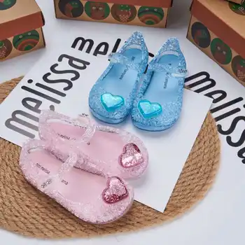 Летняя новинка 2023 года, хрустальные туфли принцессы Мелиссы для девочек, детская желейная пляжная обувь, Милые сандалии с сердечками для маленьких детей HMI136
