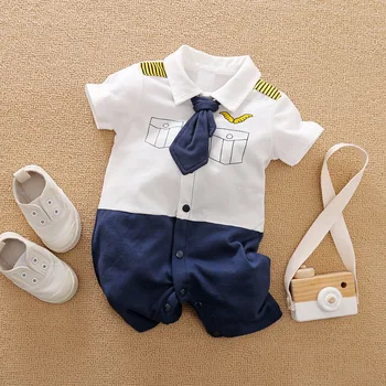 Летняя одежда из 100% хлопка для маленьких мальчиков 0-18 месяцев, пуловер с коротким рукавом, комбинезон, костюм Капитана-пилота, комбинезон для новорожденных, комбинезон для новорожденных