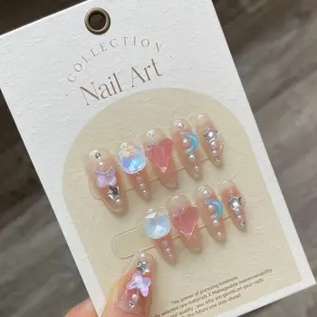 Лунные Звезды Ручной работы, наклеенные на ногти стразами, Высококачественные балетные накладные ногти для горячих девушек, японский дизайн ногтей Y2K