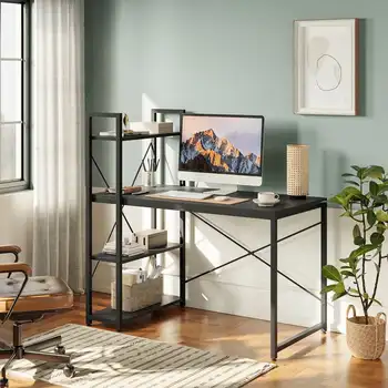 Лучший 56-дюймовый компьютерный стол с полками для домашнего офиса из ретро-серого дуба-Темный