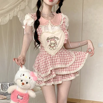 Милый клетчатый комплект из двух предметов, женская летняя розовая рубашка в стиле Лолиты, мини-юбка с высоким ремешком и оборками, Корейская модная одежда