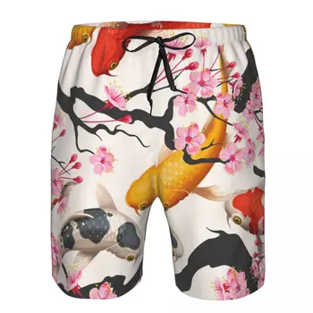 Мужские пляжные короткие шорты для плавания с рисунком рыбки Кои и вишни Сакуры для серфинга, спортивные шорты для серфинга, купальники