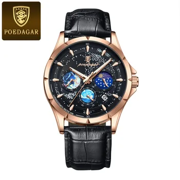 Мужские часы POEDAGAR, роскошный светящийся водонепроницаемый хронограф, кожаный ремешок для свиданий, мужские кварцевые часы Reloj Hombre