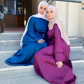 Мягкое однотонное мусульманское платье с круглым вырезом на талии, женское модное платье длиной до щиколоток, Однотонная Длинная атласная мусульманская одежда для Рамадана, платье с длинным рукавом