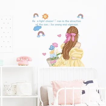 Наклейки на стену с цветами и радугой на заднем плане для девочек, декоративные элементы для спальни, наклейки на стены, самоклеящиеся украшения для дома