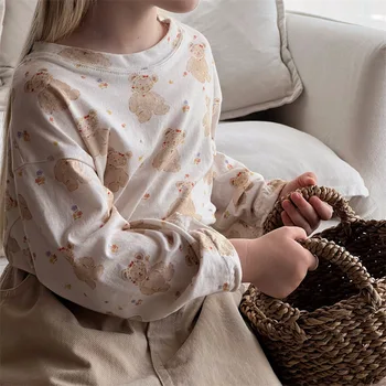 Нижняя рубашка с длинными рукавами и цветочным рисунком HoneyCherry для девочек, осенняя новая футболка с круглым вырезом и мультяшным принтом, одежда для девочек