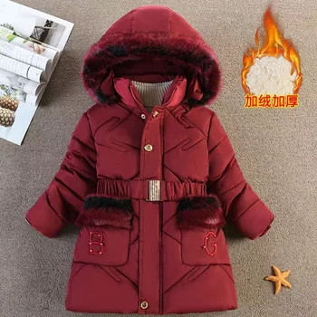 Новое пуховое пальто для девочек, зимняя детская плюс бархатная утепленная верхняя одежда, детское холодное теплое хлопчатобумажное пальто, модная детская куртка с капюшоном