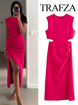 Новое Розово-красное платье TRAFZA с вырезами, Женские летние длинные платья с рюшами, вечерние платья Миди без рукавов, Элегантное вечернее платье
