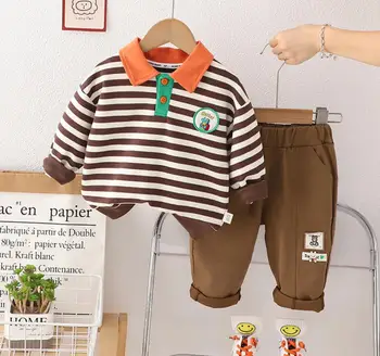 Одежда для малышей 1-5 лет, весенне-осенний комплект одежды с динозаврами для мальчиков, толстовки в полоску с отложным воротником + брюки, бутик одежды